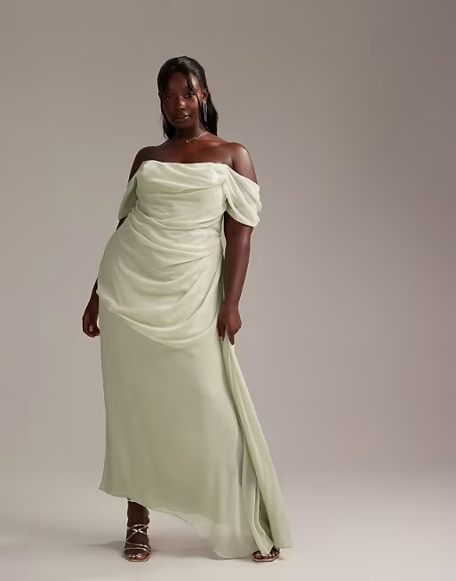 Soft Chiffon Off The Shoulder Ruched Draped Detail Floor Length Bridesmaid Dresses