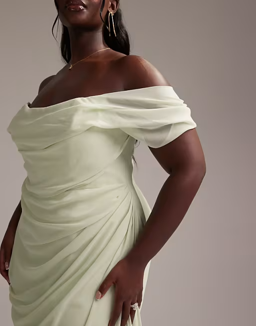Soft Chiffon Off The Shoulder Ruched Draped Detail Floor Length Bridesmaid Dresses