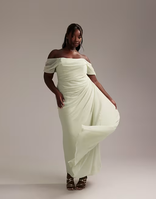 Soft Chiffon Off The Shoulder Ruched Draped Detail Floor Length Bridesmaid Dresses