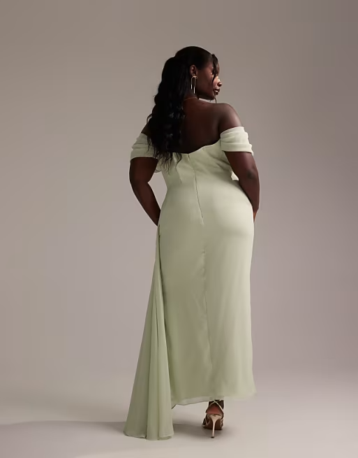 Soft Chiffon Off The Shoulder Ruched Draped Detail Floor Length Bridesmaid Dresses