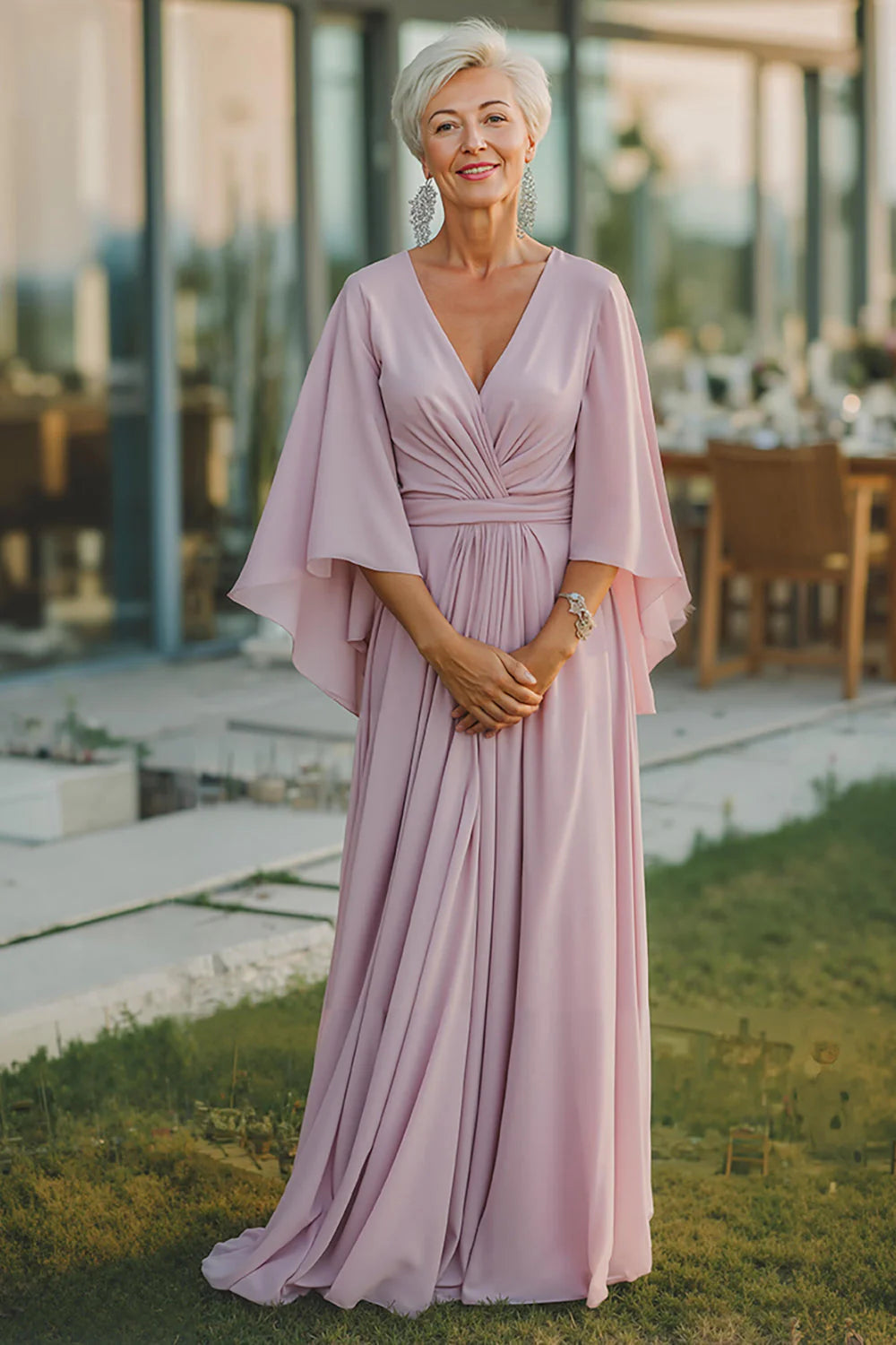 Soft Chiffon V-Neck Draped Capelet Sleeve Ruched Back A-Line Floor-Length Mother of the Bride Dress