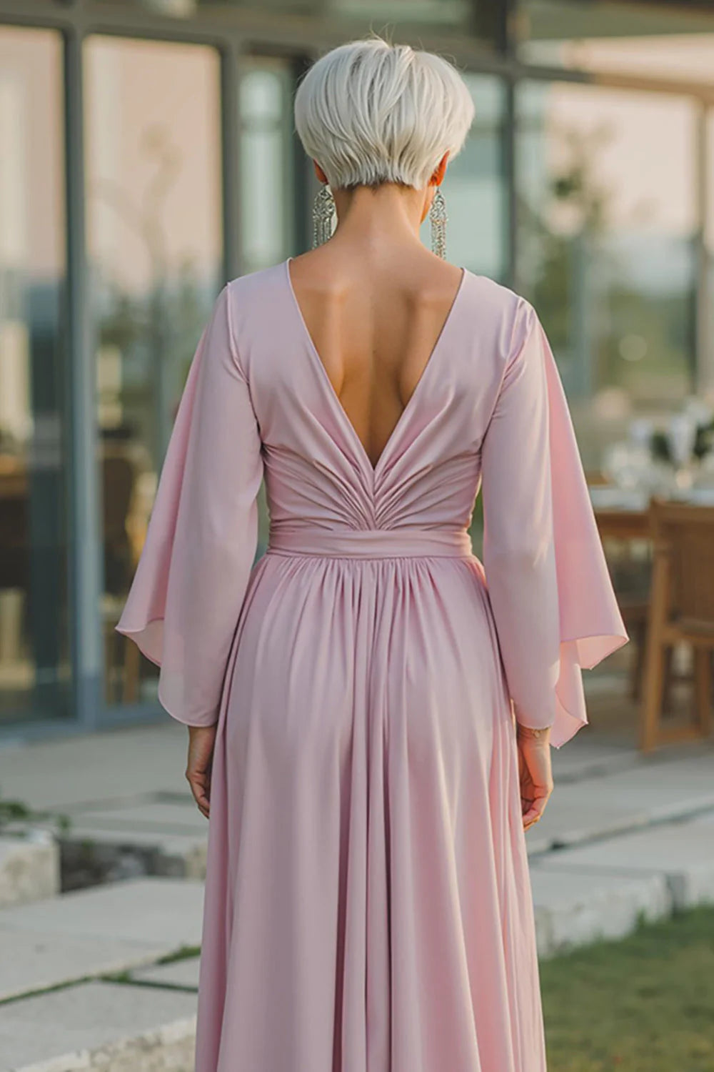Soft Chiffon V-Neck Draped Capelet Sleeve Ruched Back A-Line Floor-Length Mother of the Bride Dress