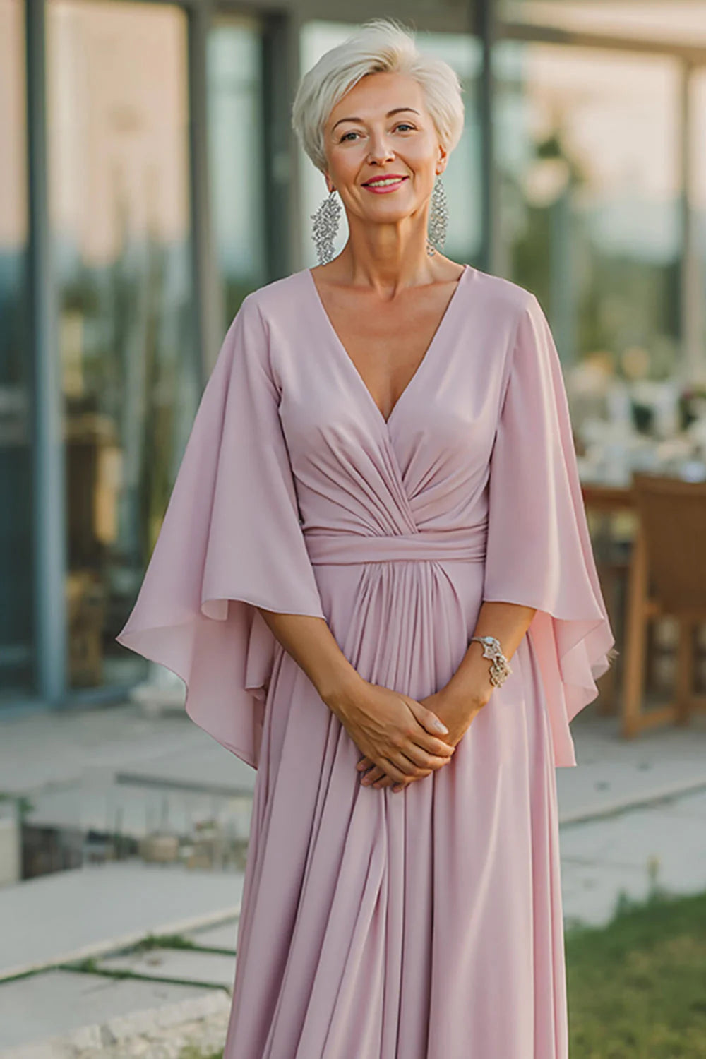 Soft Chiffon V-Neck Draped Capelet Sleeve Ruched Back A-Line Floor-Length Mother of the Bride Dress