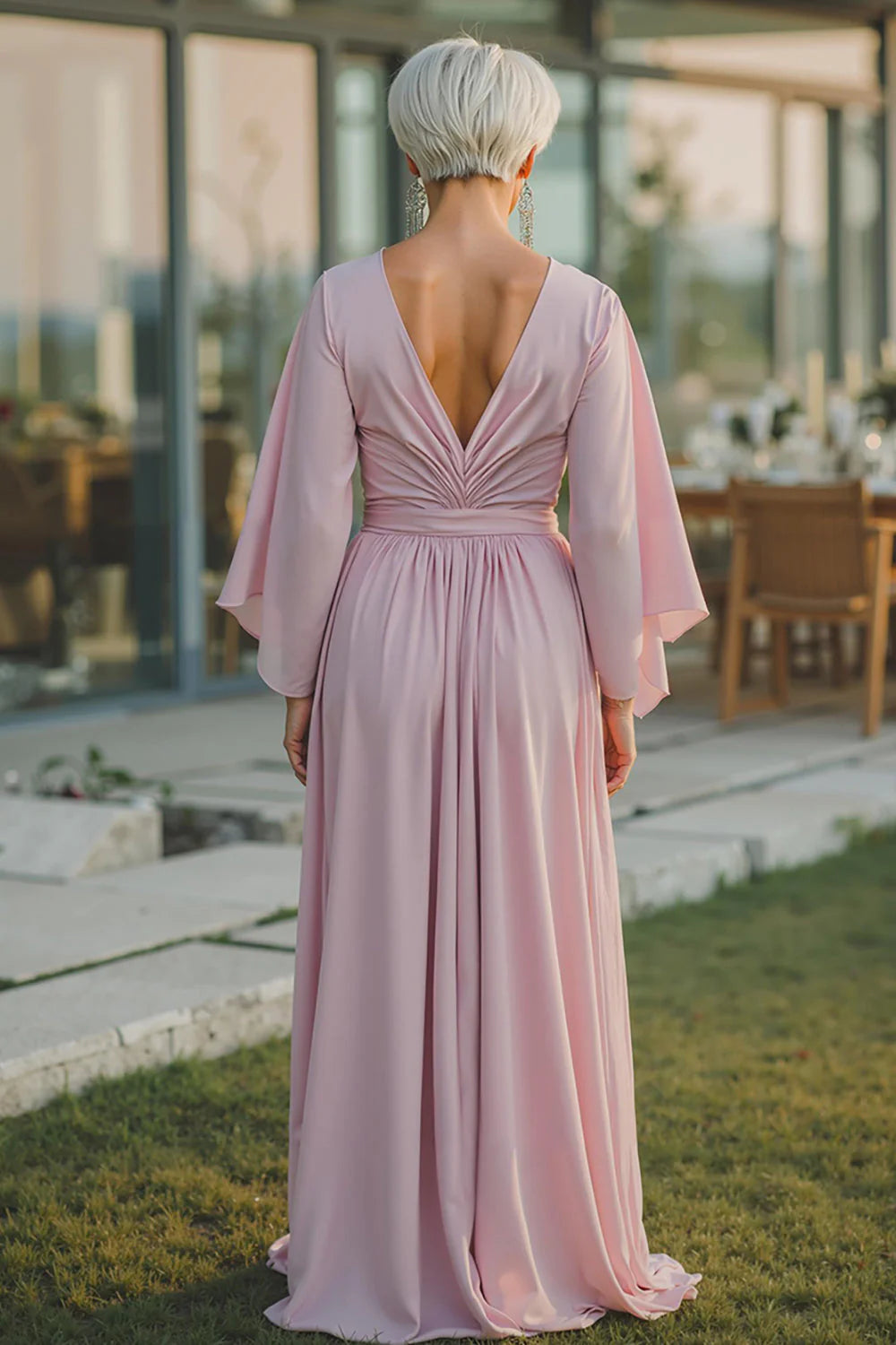 Soft Chiffon V-Neck Draped Capelet Sleeve Ruched Back A-Line Floor-Length Mother of the Bride Dress