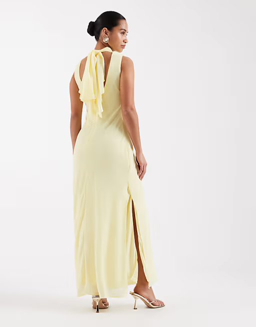 Soft Flowy Bridesmaid Dress Cowl Neck Sleeveless Bow Back Floor-Length
