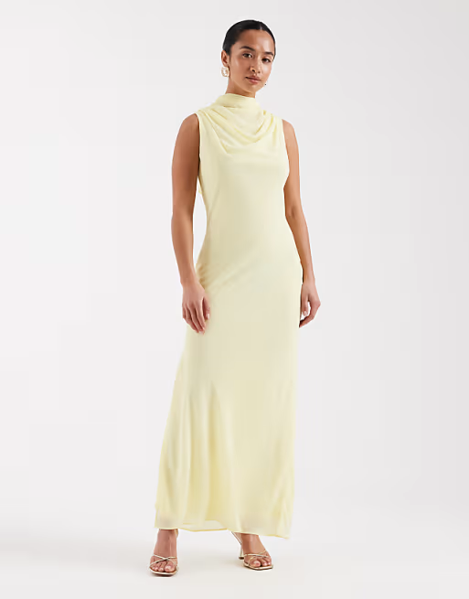 Soft Flowy Bridesmaid Dress Cowl Neck Sleeveless Bow Back Floor-Length