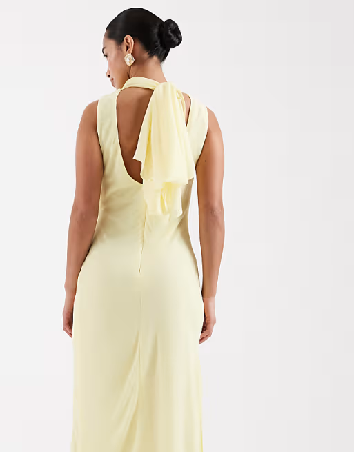 Soft Flowy Bridesmaid Dress Cowl Neck Sleeveless Bow Back Floor-Length