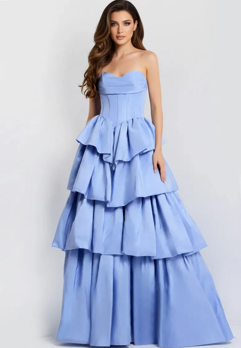 Soft Light Blue Strapless Tiered Ball Gown with Corset Bodice Evening Dress