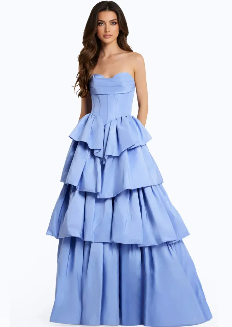 Soft Light Blue Strapless Tiered Ball Gown with Corset Bodice Evening Dress