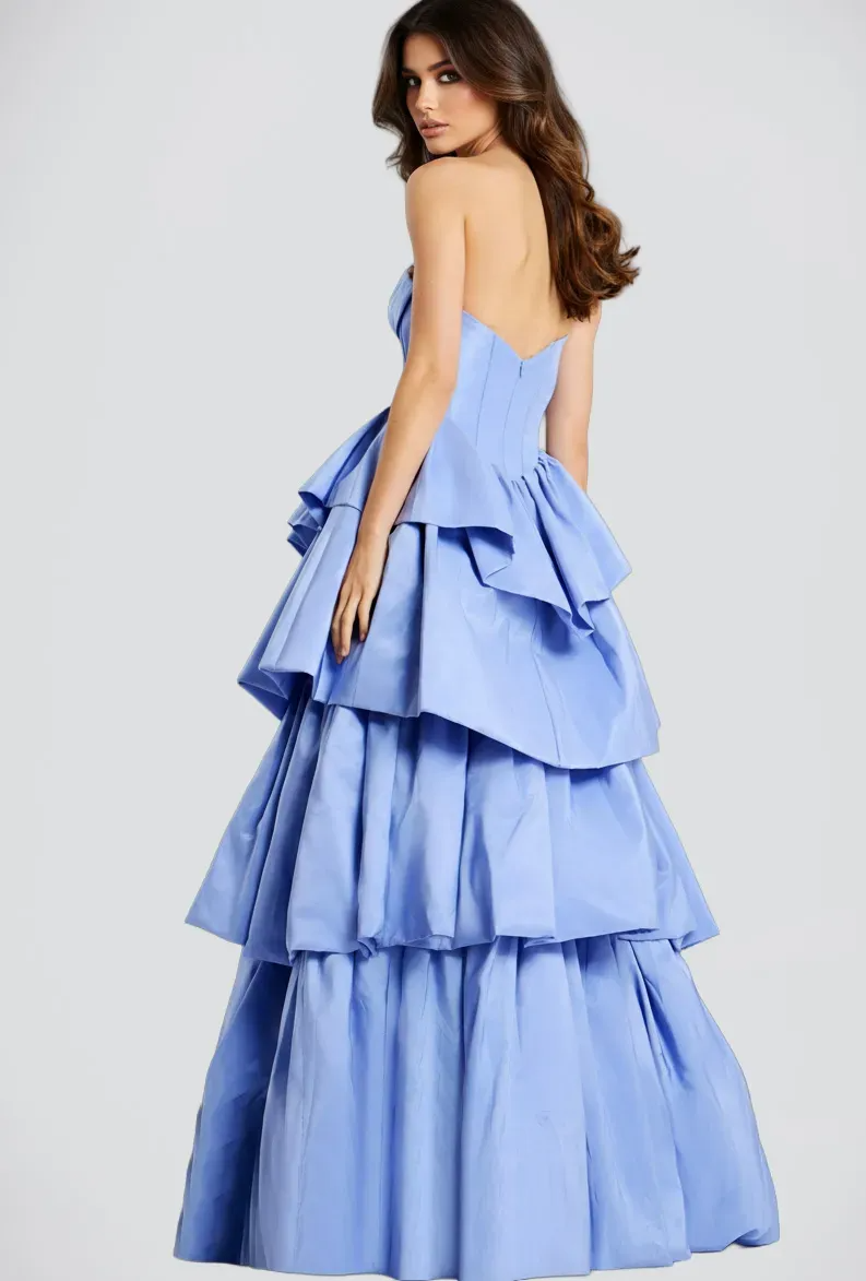 Soft Light Blue Strapless Tiered Ball Gown with Corset Bodice Evening Dress