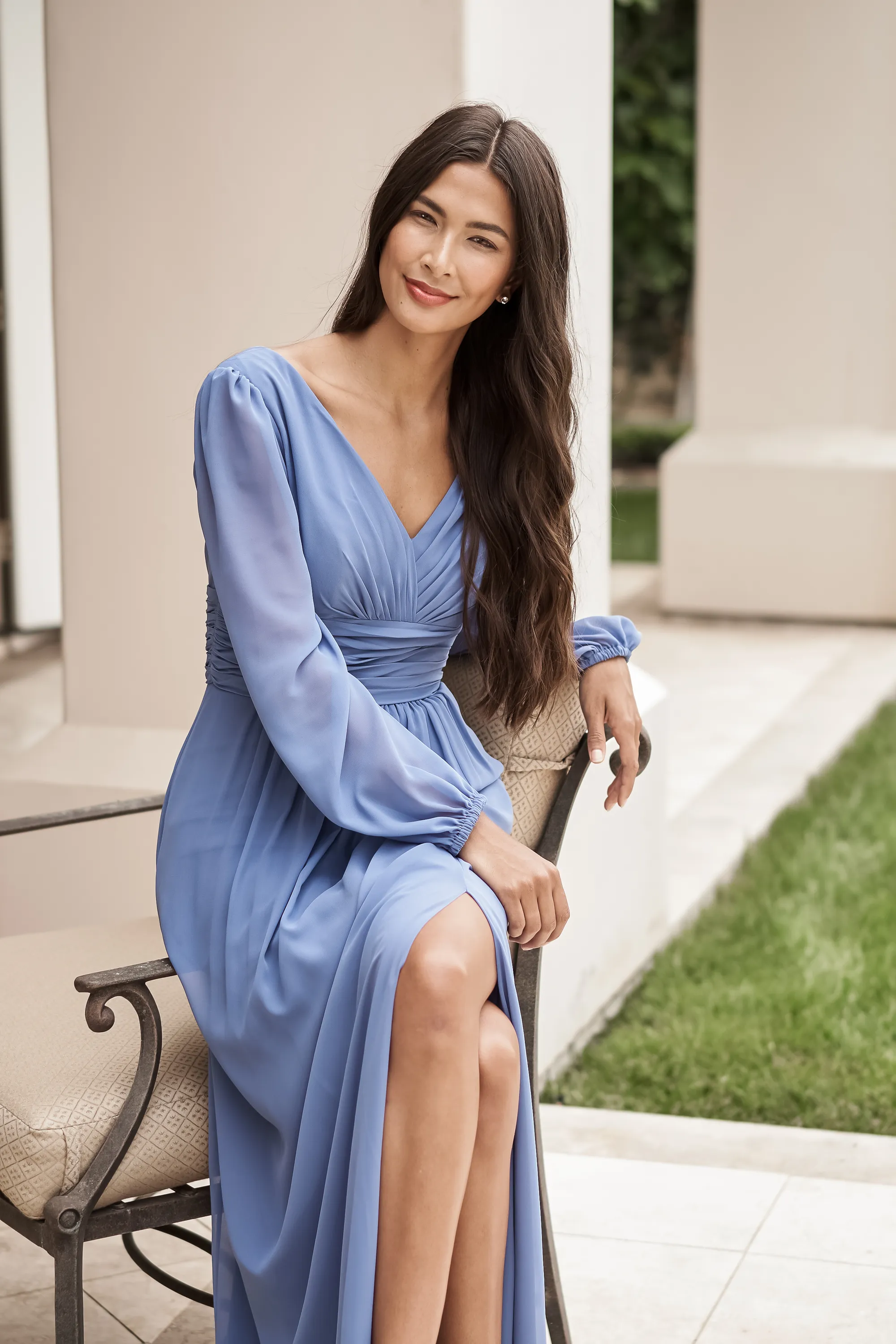 Soft Periwinkle Chiffon Long Puff Sleeve V-Neck Ruched Waist Slit V Back Mother of the Bride Dress