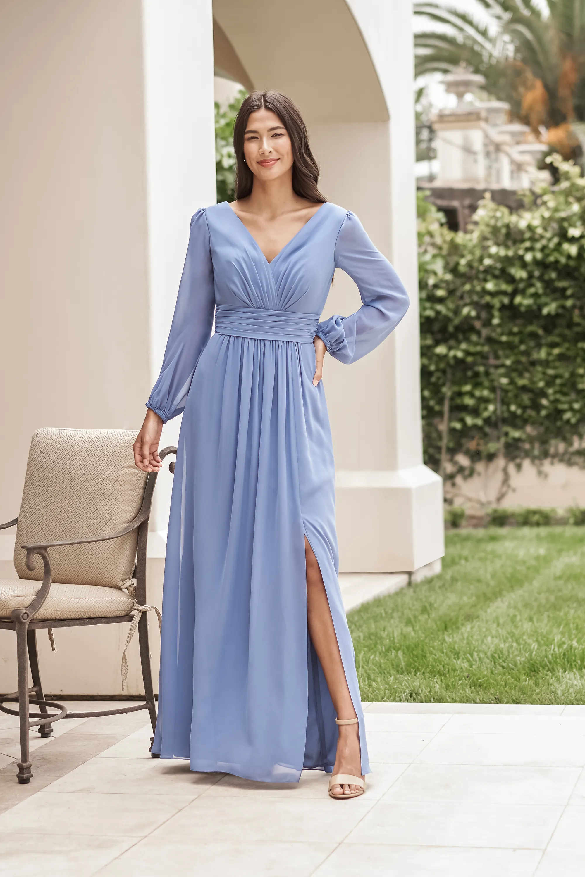 Soft Periwinkle Chiffon Long Puff Sleeve V-Neck Ruched Waist Slit V Back Mother of the Bride Dress