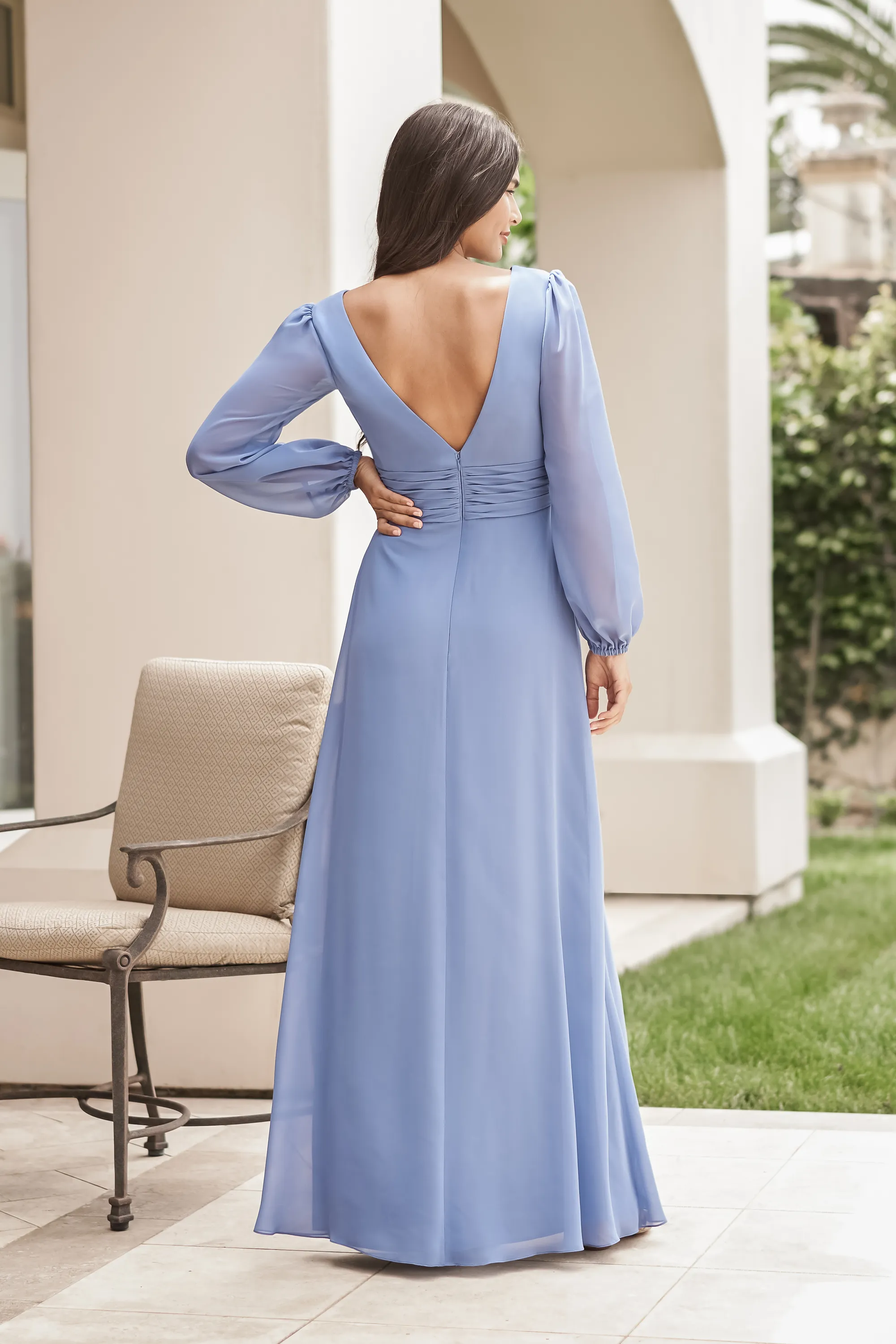 Soft Periwinkle Chiffon Long Puff Sleeve V-Neck Ruched Waist Slit V Back Mother of the Bride Dress