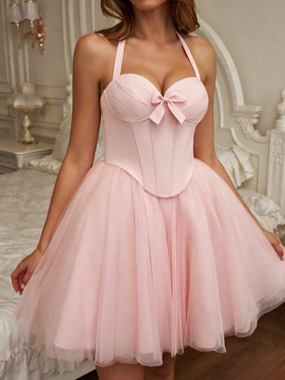 Soft Pink Halter Corset Bow Bust Lace-Up Back Multi-Layer Tulle A-Line Mini Homecoming Dresses