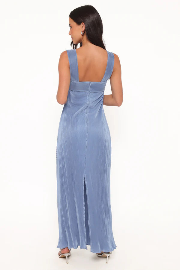 Soft Pleated Column Sweetheart Bow Front Square Back Wide Strap Maxi Evening Dress