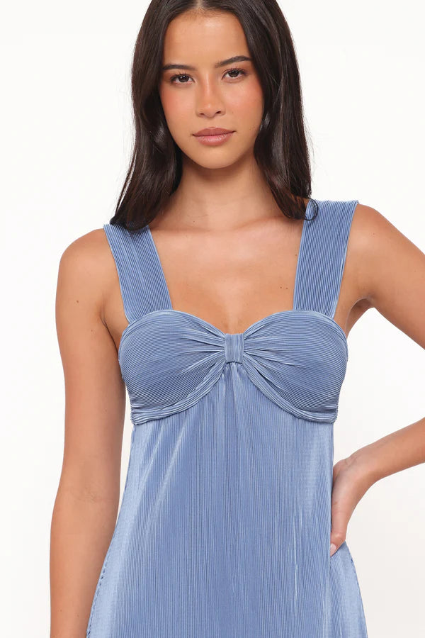 Soft Pleated Column Sweetheart Bow Front Square Back Wide Strap Maxi Evening Dress