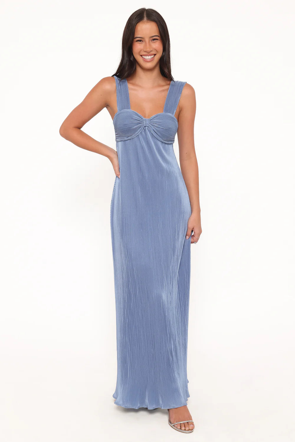 Soft Pleated Column Sweetheart Bow Front Square Back Wide Strap Maxi Evening Dress