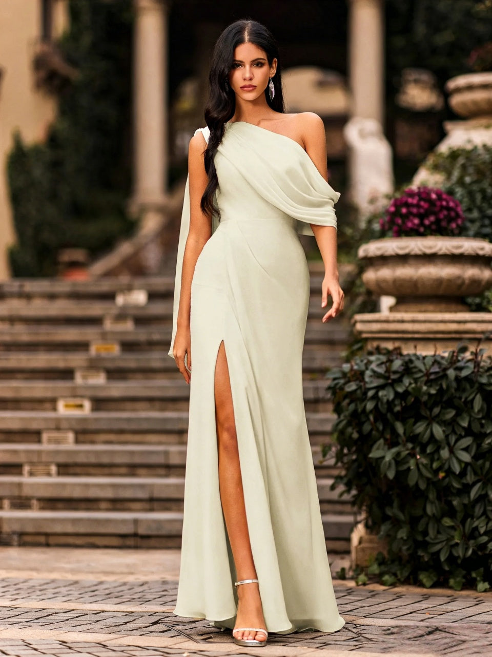 Soft Sage Chiffon Mermaid One-Shoulder Draped Sleeve Slit Floor Length Evening Dress