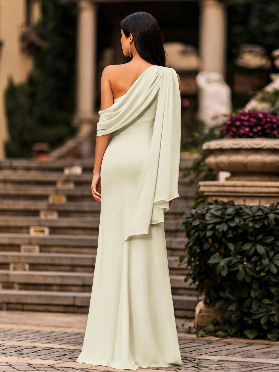Soft Sage Chiffon Mermaid One-Shoulder Draped Sleeve Slit Floor Length Evening Dress