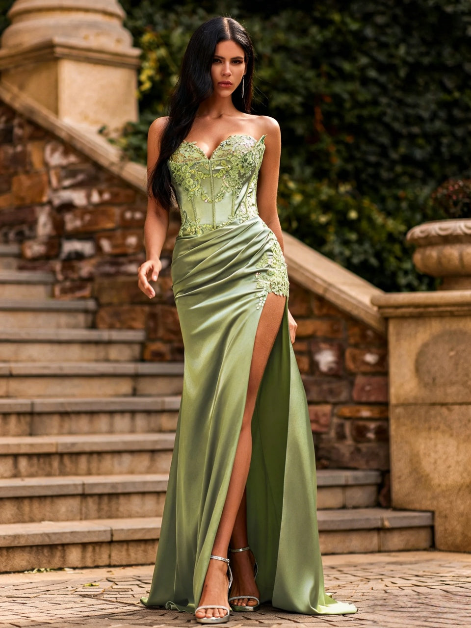 Soft Sage Green Satin Mermaid Strapless Lace-Up Corset Slit Floor Length Evening Dress