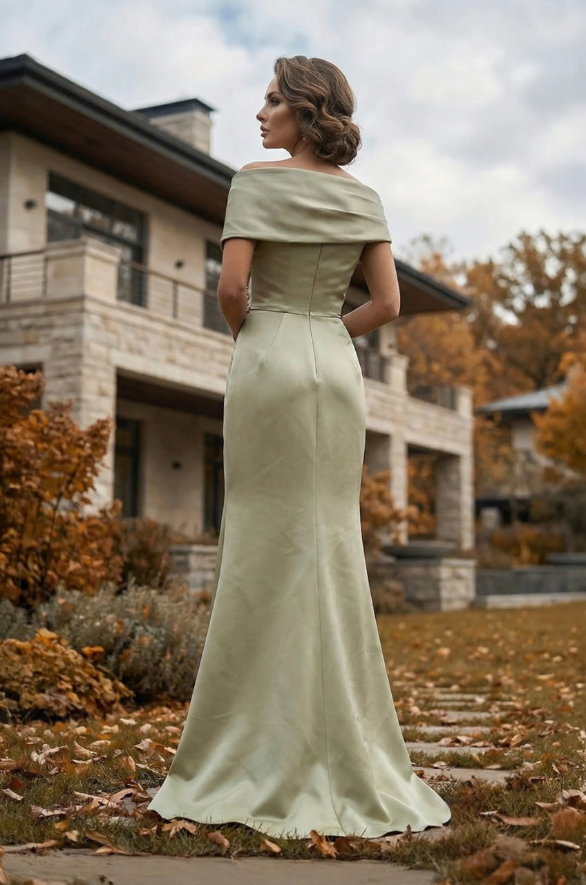 Soft Sage Satin Mermaid Off-the-shoulder Beaded Draped Zipper Back Floor-length Mother of the Bride Dresses