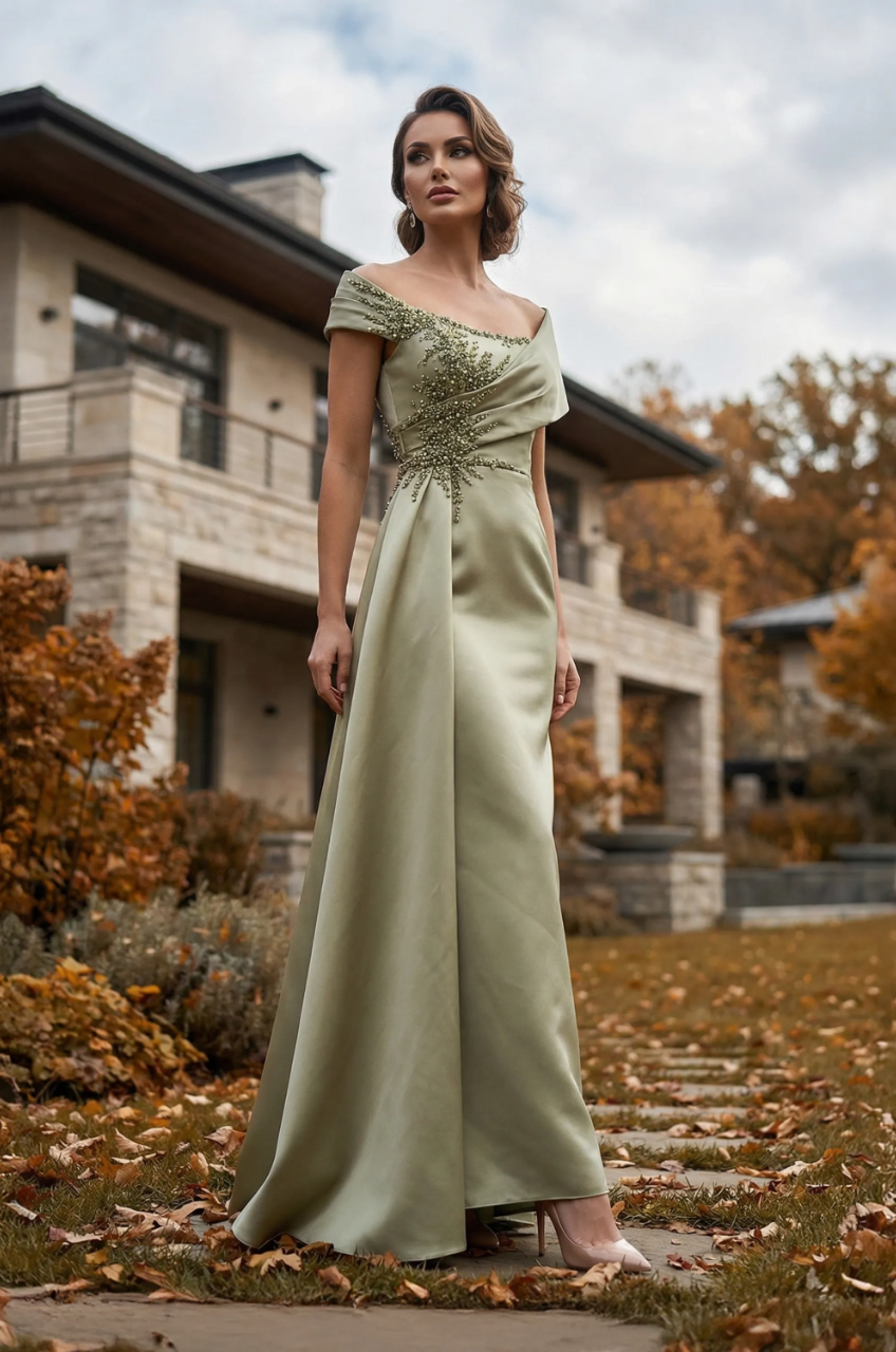 Soft Sage Satin Mermaid Off-the-shoulder Beaded Draped Zipper Back Floor-length Mother of the Bride Dresses
