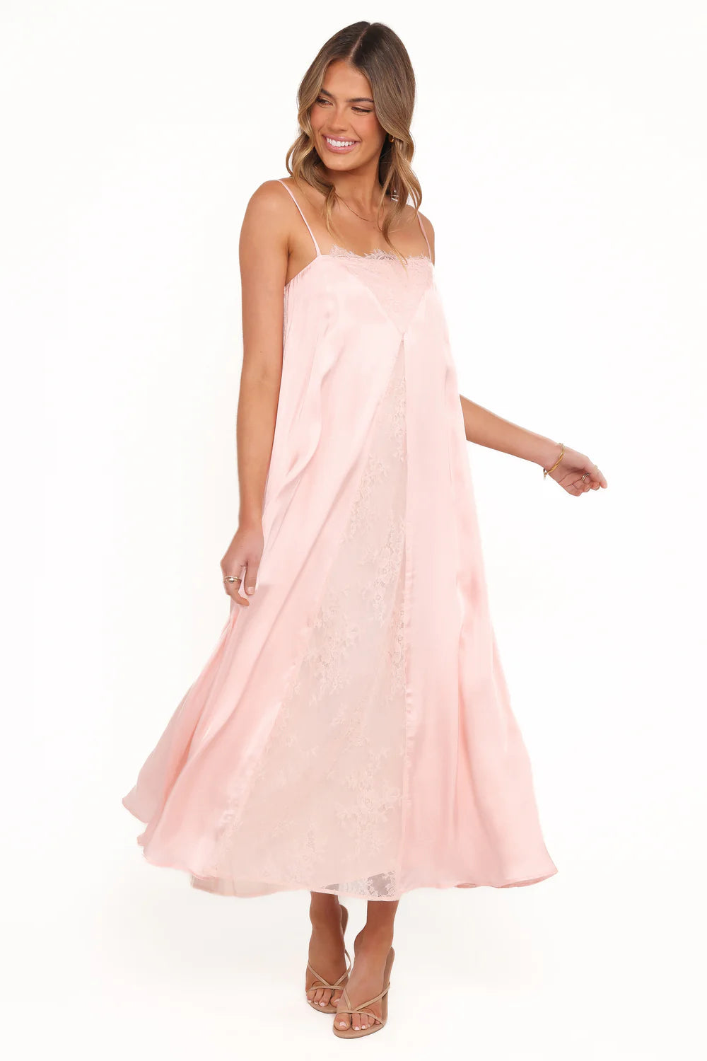 Soft Satin Slip Spaghetti Straps Lace Trim Straight Maxi Evening Dress