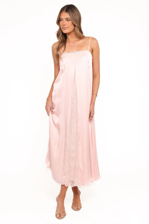 Soft Satin Slip Spaghetti Straps Lace Trim Straight Maxi Evening Dress