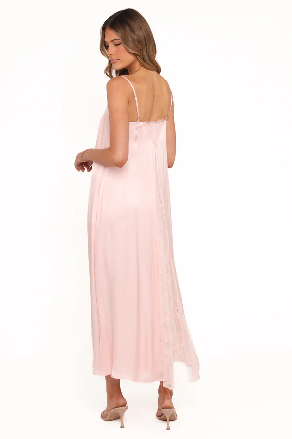 Soft Satin Slip Spaghetti Straps Lace Trim Straight Maxi Evening Dress