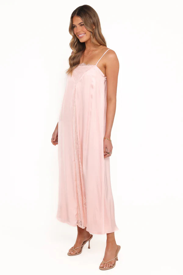 Soft Satin Slip Spaghetti Straps Lace Trim Straight Maxi Evening Dress