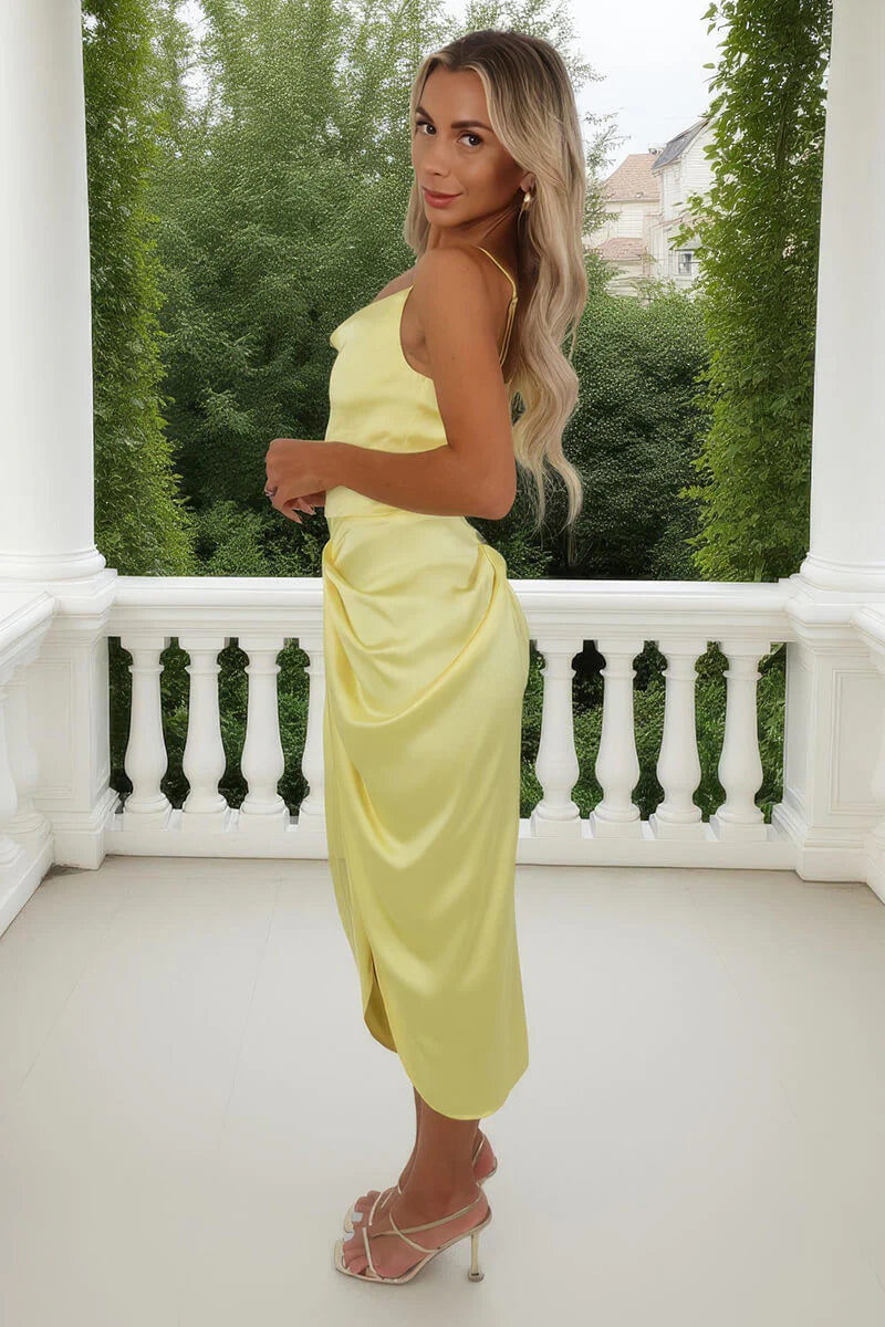 Soft Cowl Neck Spaghetti Strap Ruched Satin Asymmetrical Midi Evening Dress