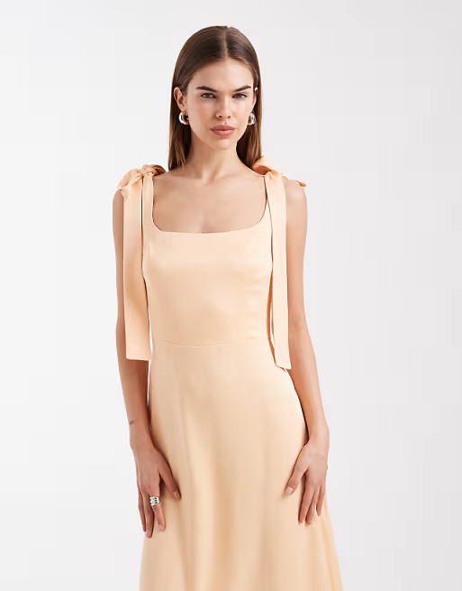 Soft charmeuse square-neck tie-strap floor-length bridesmaid dress