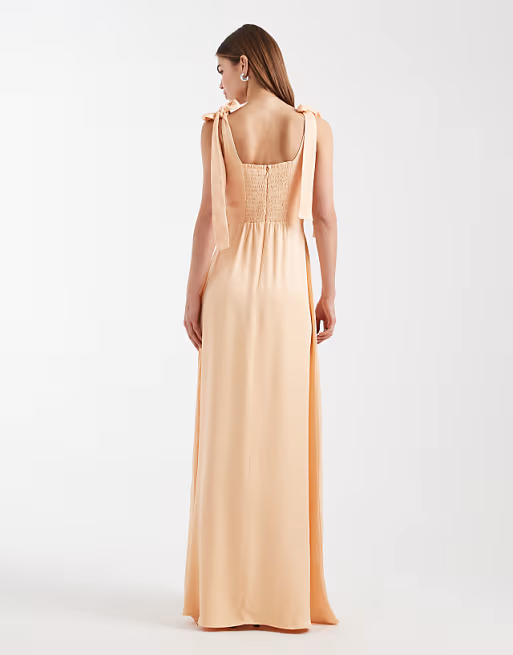 Soft charmeuse square-neck tie-strap floor-length bridesmaid dress
