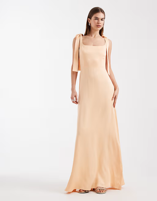 Soft charmeuse square-neck tie-strap floor-length bridesmaid dress