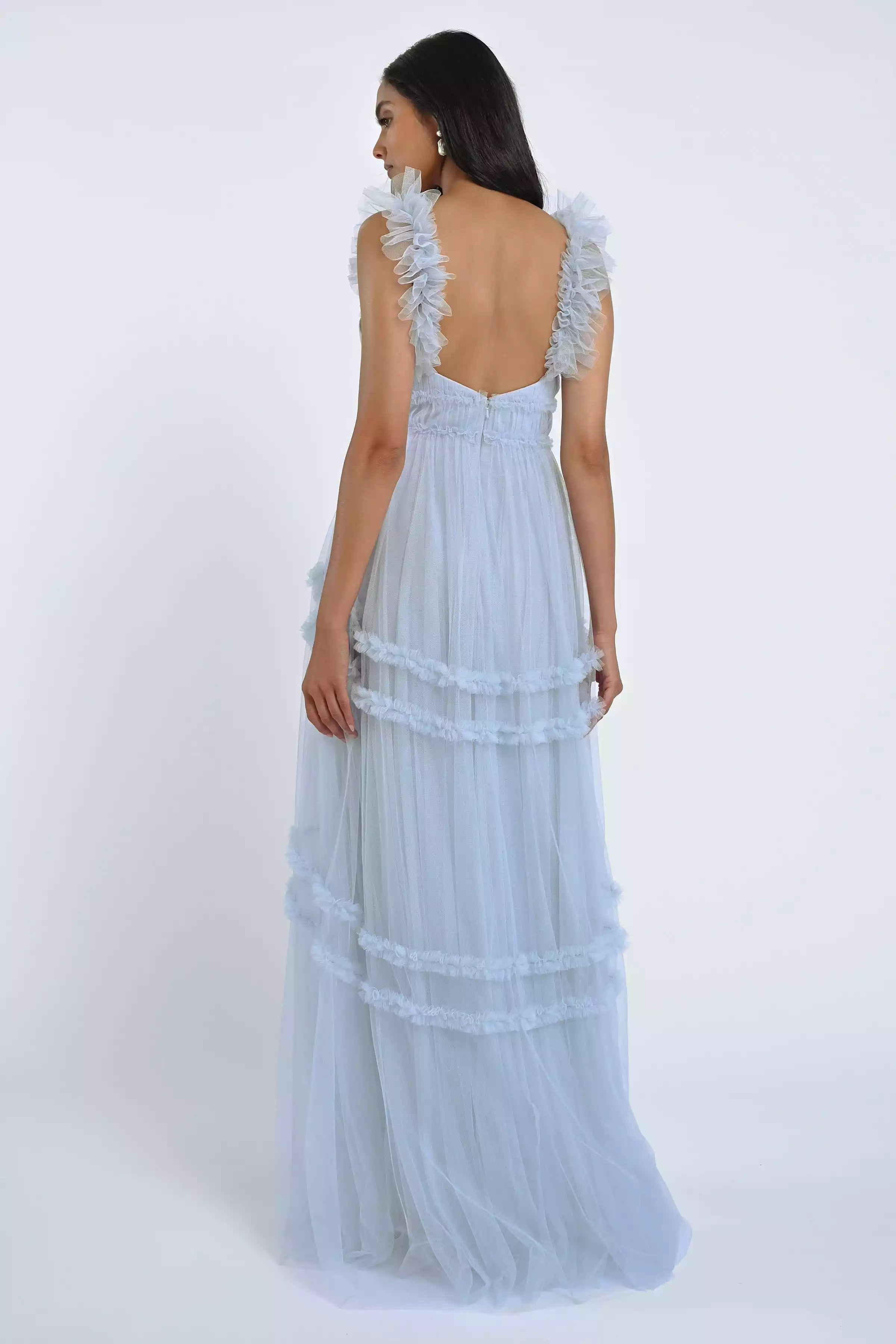 Soft chiffon layered pleated heart-shaped neckline ruffled shoulder straps ruffled details back mid zip Bridesmaid Dresses