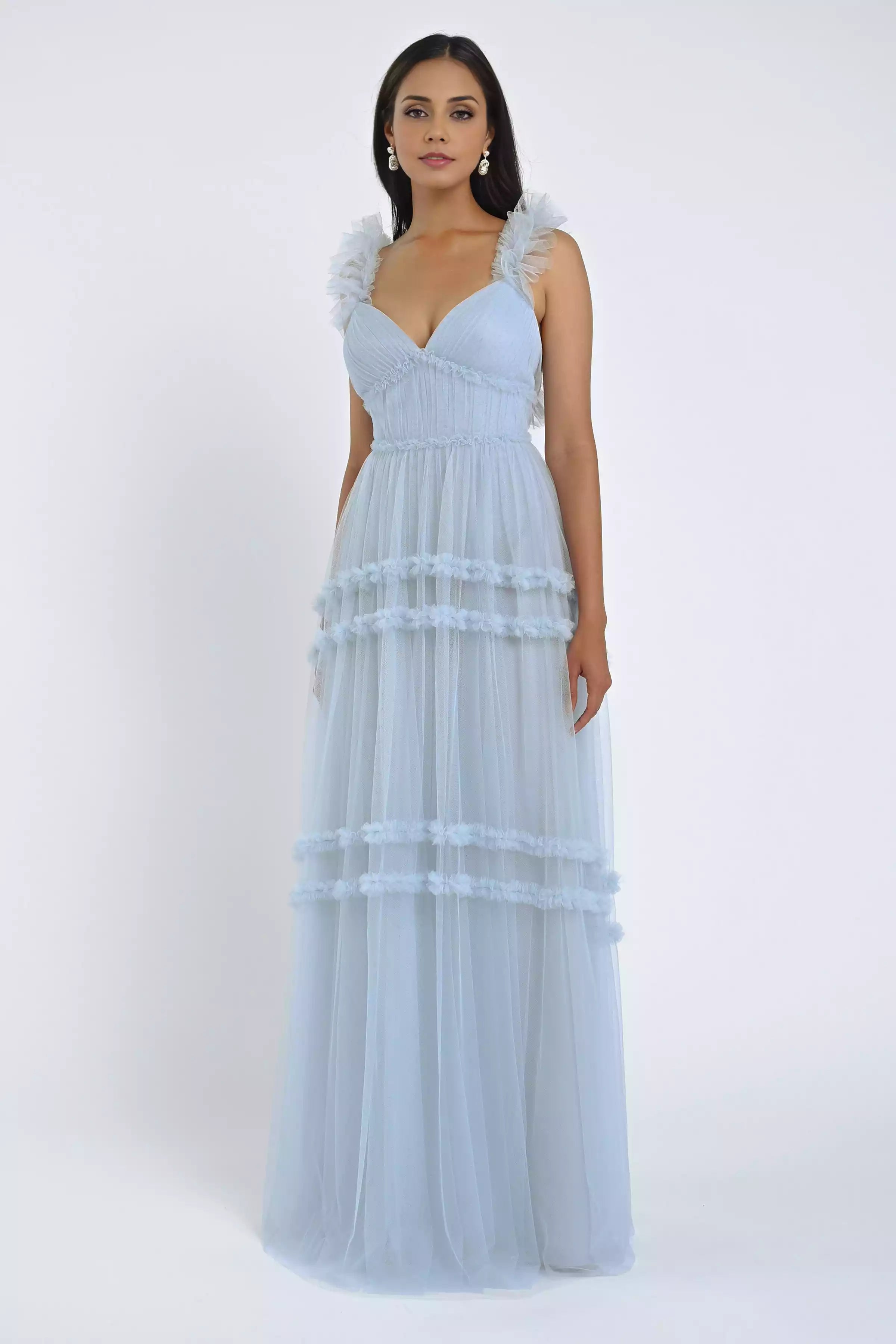 Soft chiffon layered pleated heart-shaped neckline ruffled shoulder straps ruffled details back mid zip Bridesmaid Dresses