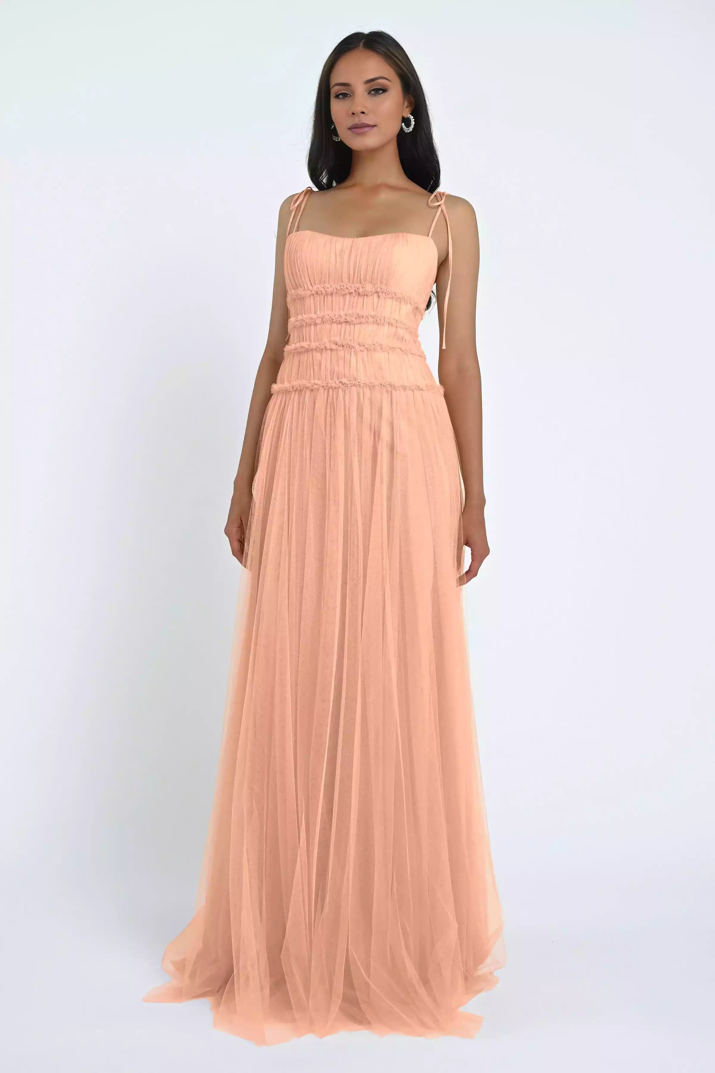Soft chiffon straight neckline, thin shoulder straps, ruffled edges, waist seam Prom Dresses
