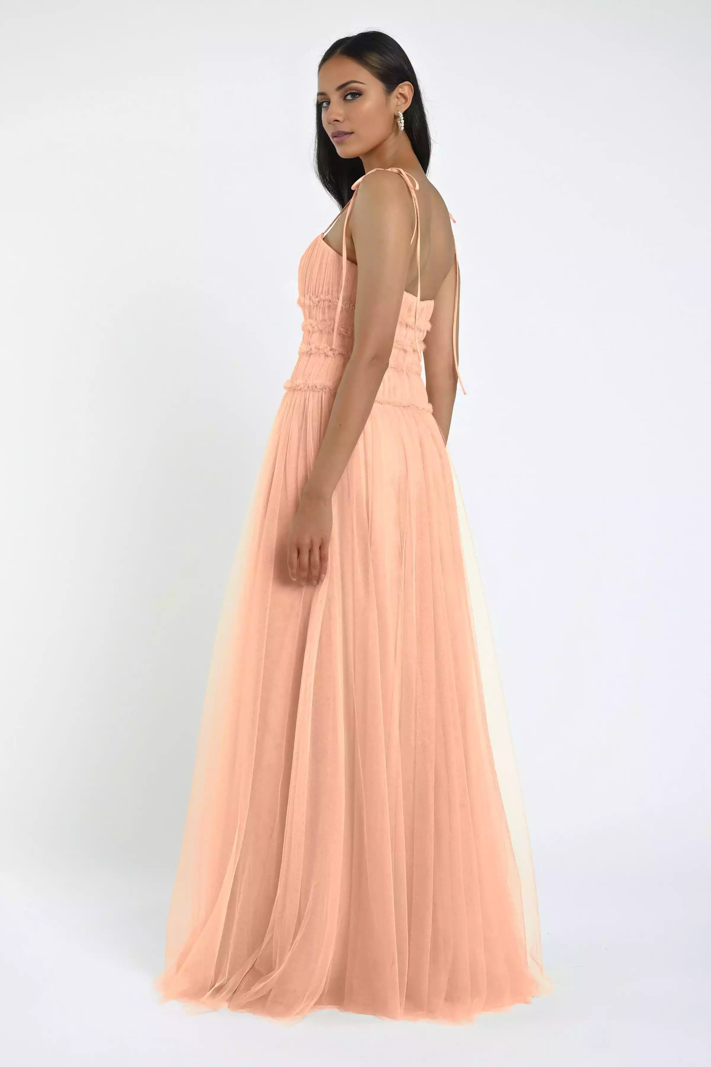 Soft chiffon straight neckline, thin shoulder straps, ruffled edges, waist seam Prom Dresses