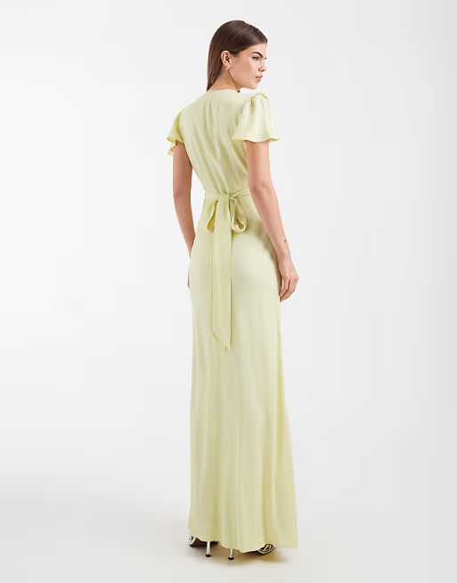 Soft crepe V-neck flutter-sleeve tie-back floor-length bridesmaid dress