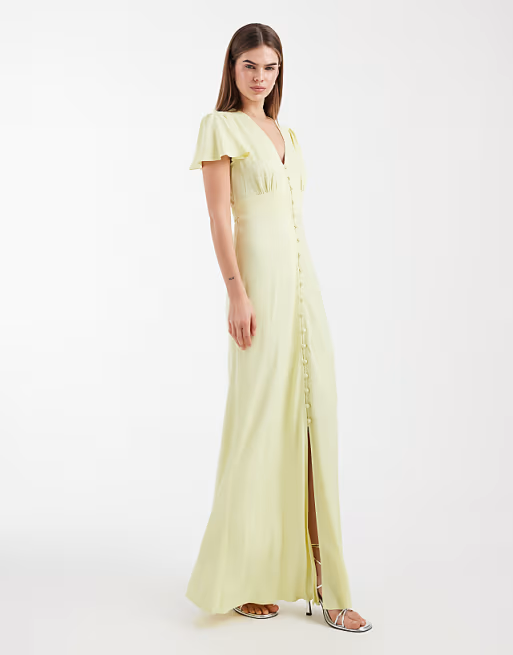 Soft crepe V-neck flutter-sleeve tie-back floor-length bridesmaid dress