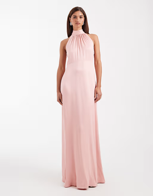 Soft matte crepe halter-neck sleeveless flowing floor-length bridesmaid dress