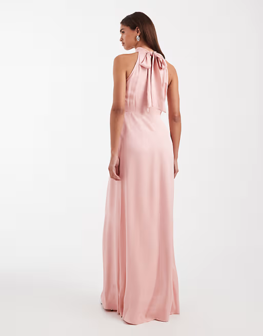 Soft matte crepe halter-neck sleeveless flowing floor-length bridesmaid dress