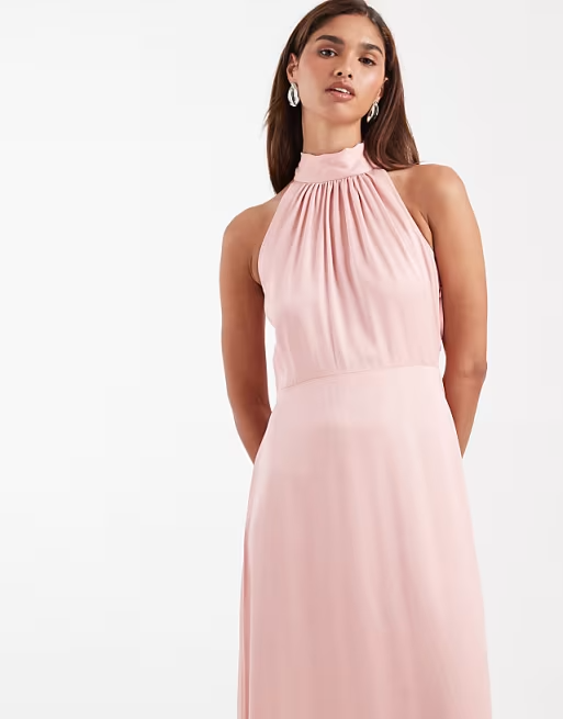 Soft matte crepe halter-neck sleeveless flowing floor-length bridesmaid dress