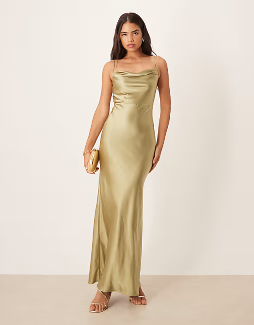 Soft satin cowl-neck thin-strap floor-length bridesmaid dress