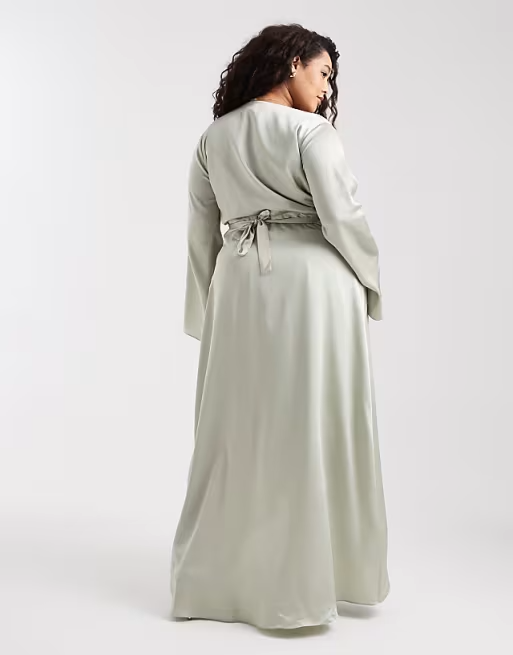 Soft satin wrap V-neck long-sleeve high-low bridesmaid dress