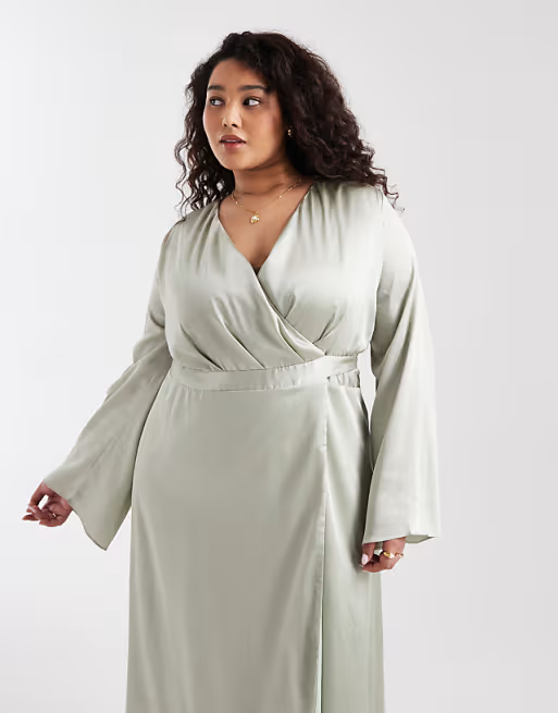 Soft satin wrap V-neck long-sleeve high-low bridesmaid dress