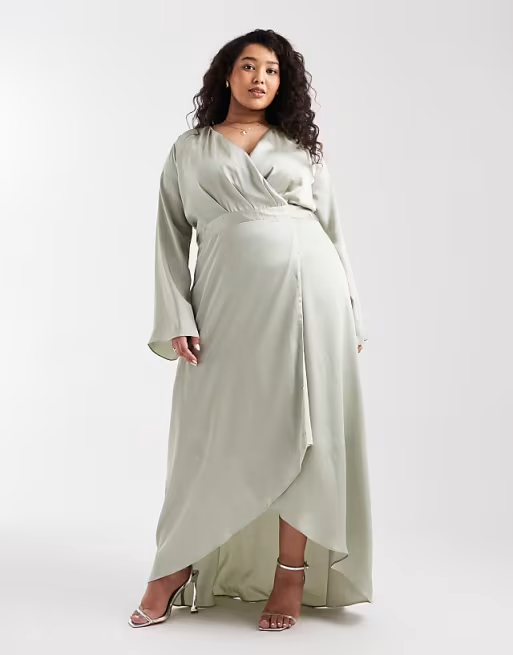 Soft satin wrap V-neck long-sleeve high-low bridesmaid dress