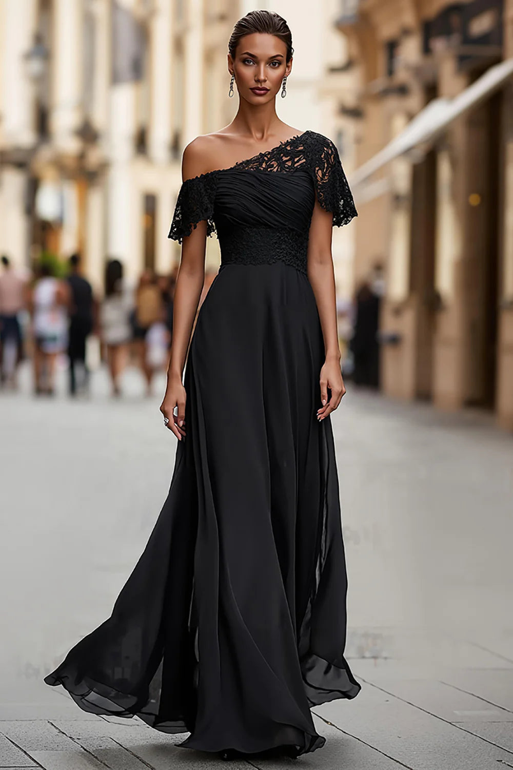 Sophisticated Black Chiffon A-Line One-Shoulder Lace Applique Maxi Mother of the Bride Dresses