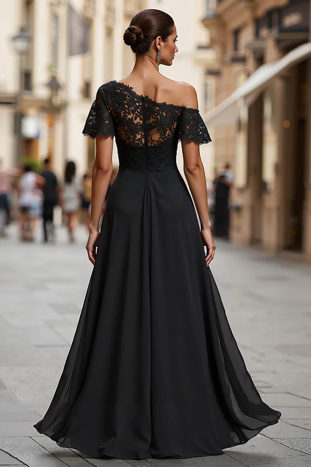 Sophisticated Black Chiffon A-Line One-Shoulder Lace Applique Maxi Mother of the Bride Dresses