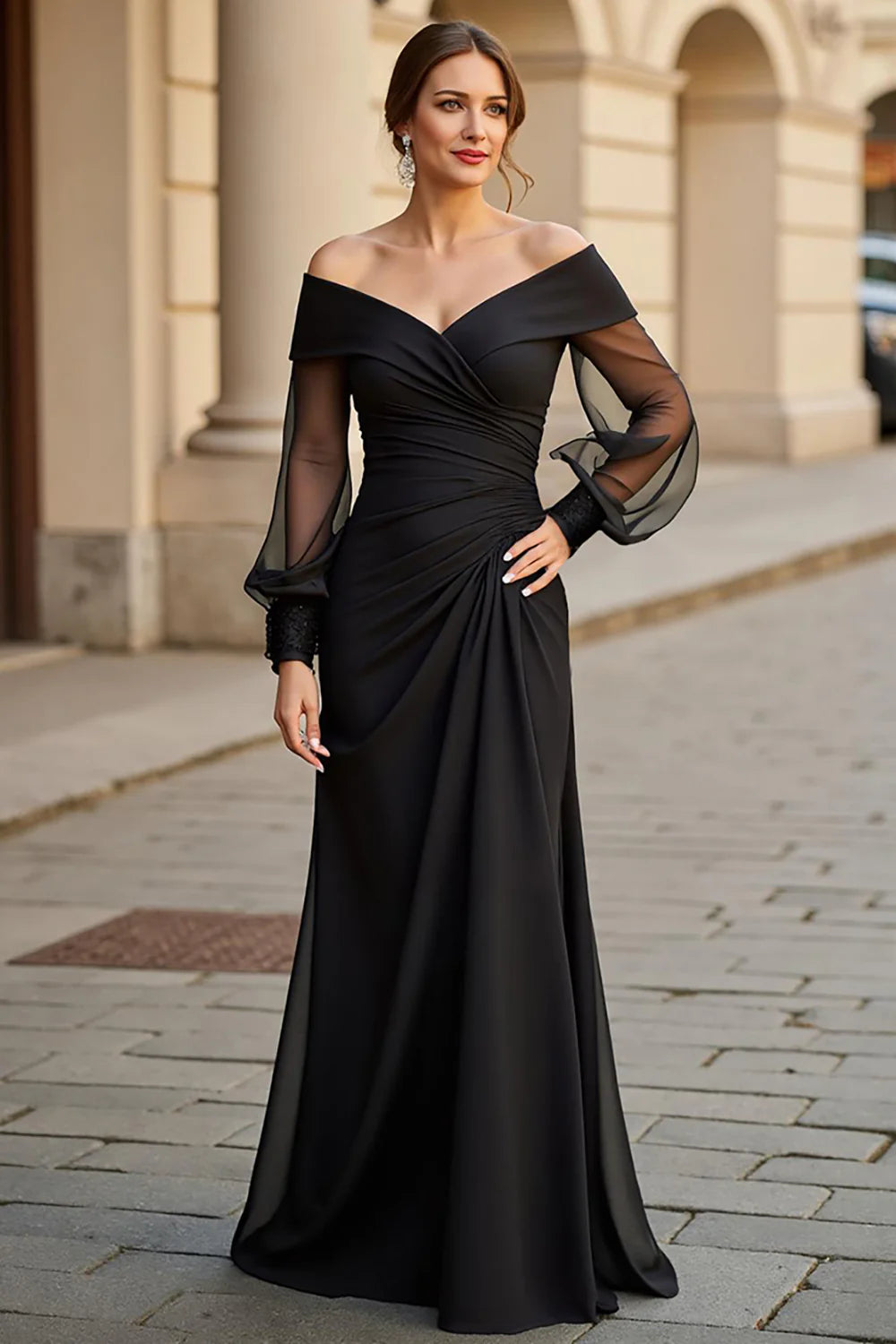Elegant Black Satin Sheath Off-the-Shoulder Long Sleeve Back Zip Maxi Mother of the Bride Dresses